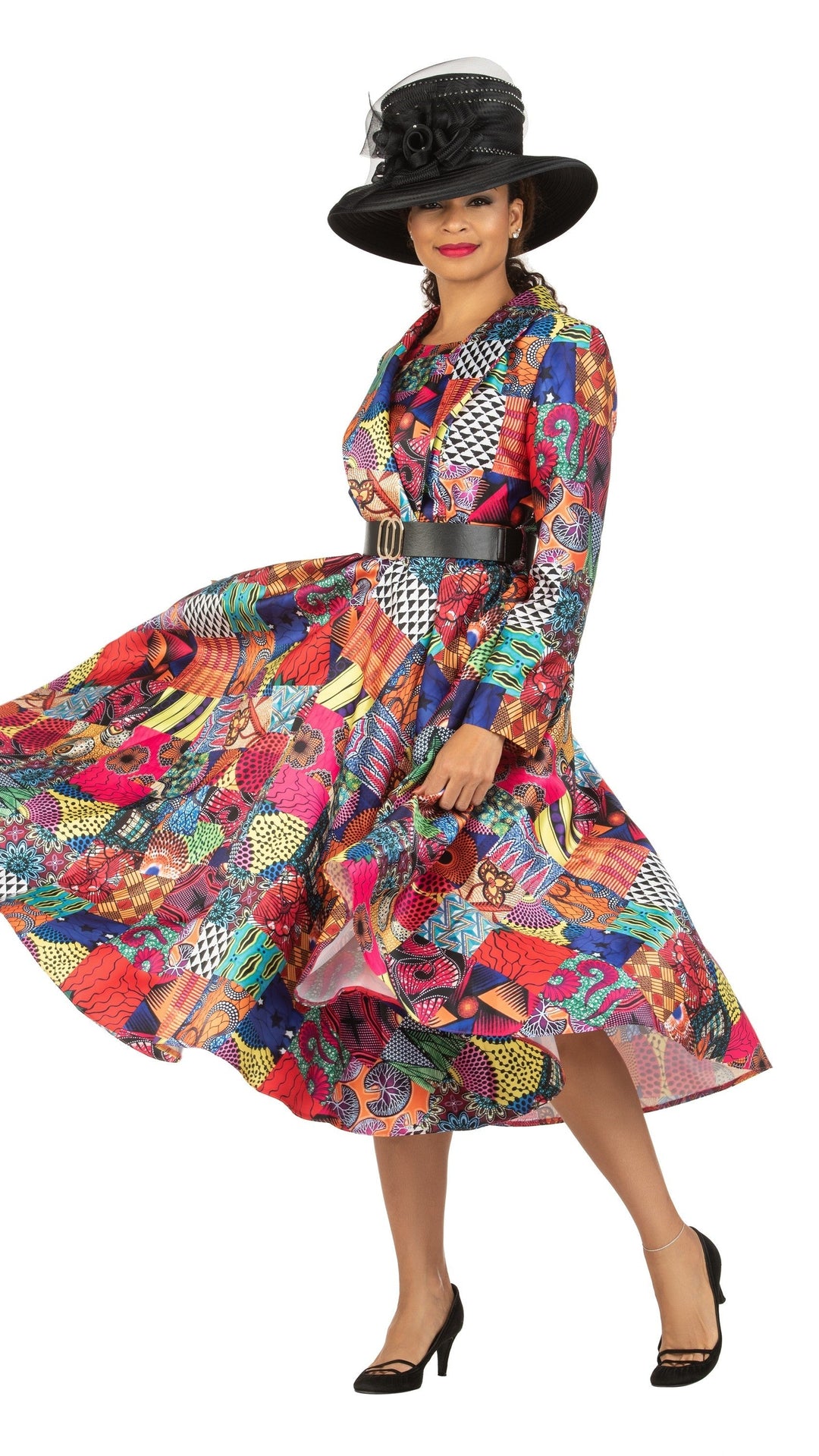 SHAWL COLLAR MULTI PRINT DRS W/ BELT-PLUS