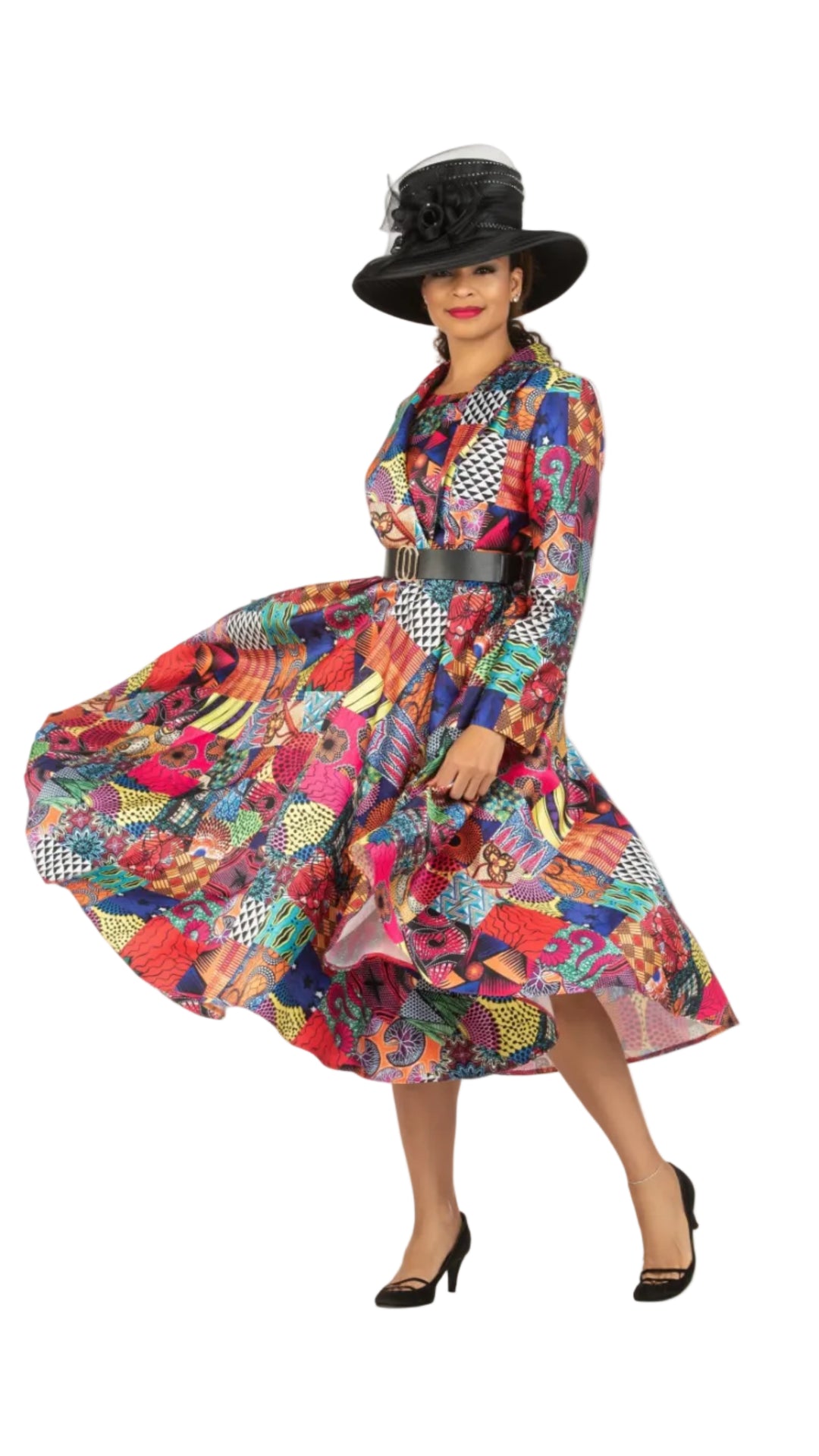 SHAWL COLLAR MULTI PRINT DRS W/ BELT