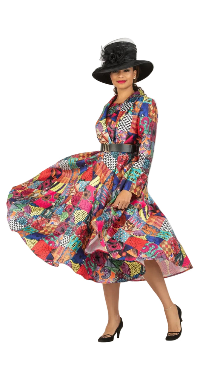 SHAWL COLLAR MULTI PRINT DRS W/ BELT