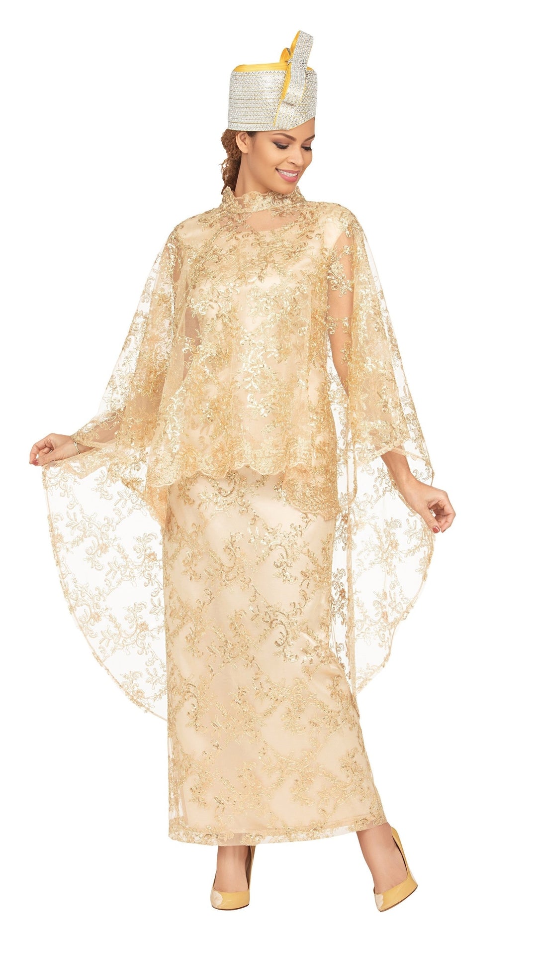 2pc Lux Sequined Lace Drs + Hi-low Cape-Plus
