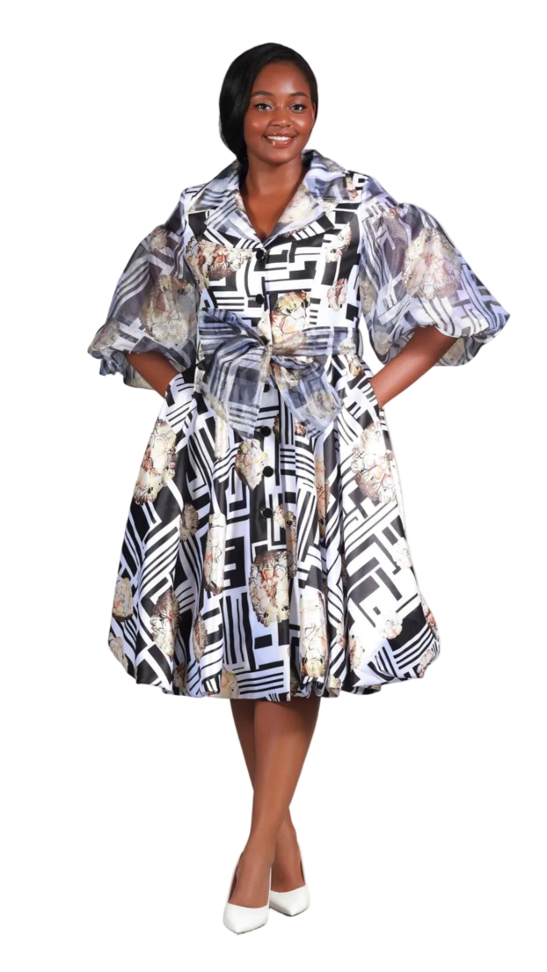 Puff Slv Print Shirt Dress in Silky Twl & Organza