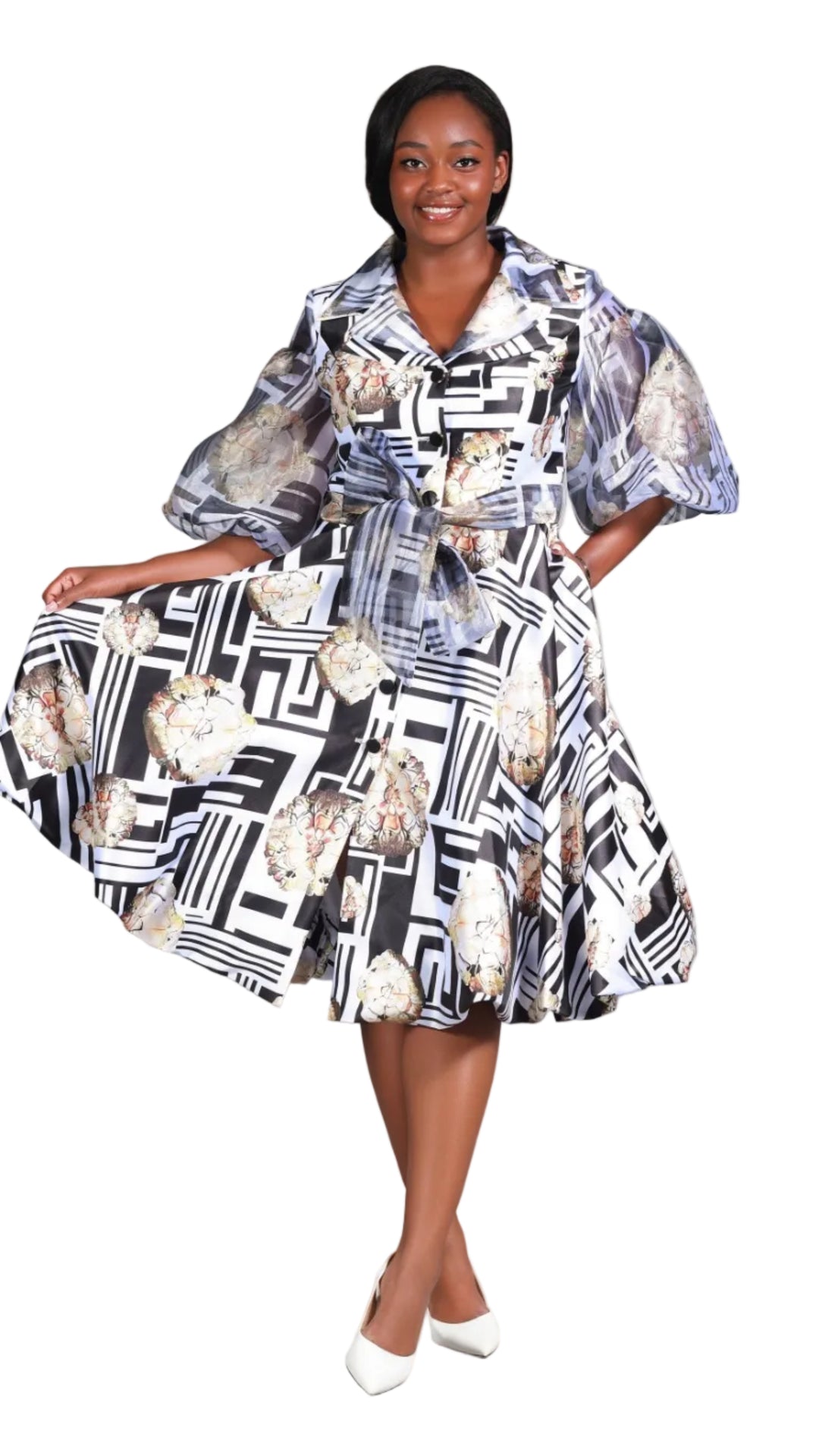 Puff Slv Print Shirt Dress in Silky Twl & Organza