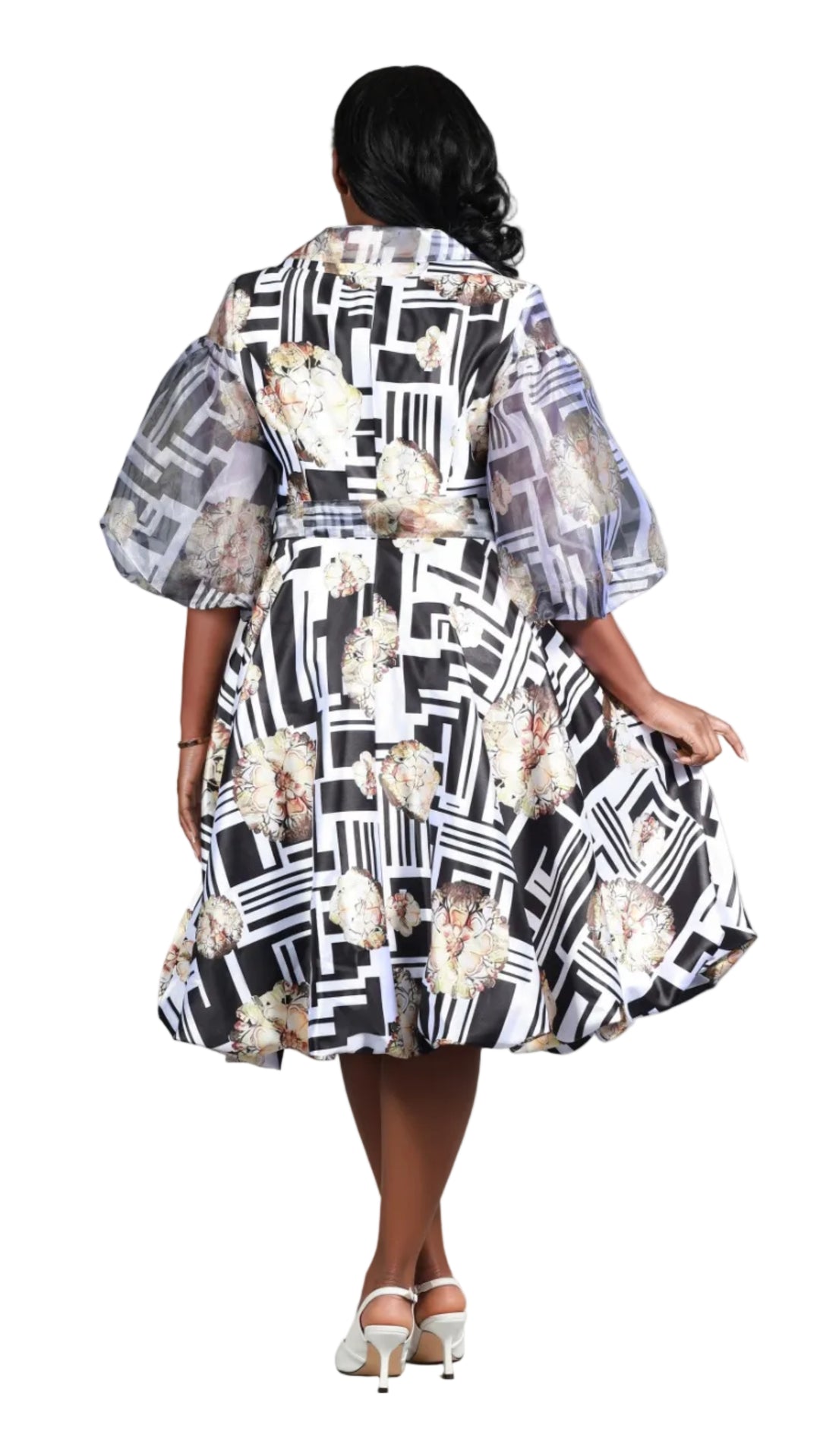 Puff Slv Print Shirt Dress in Silky Twl & Organza