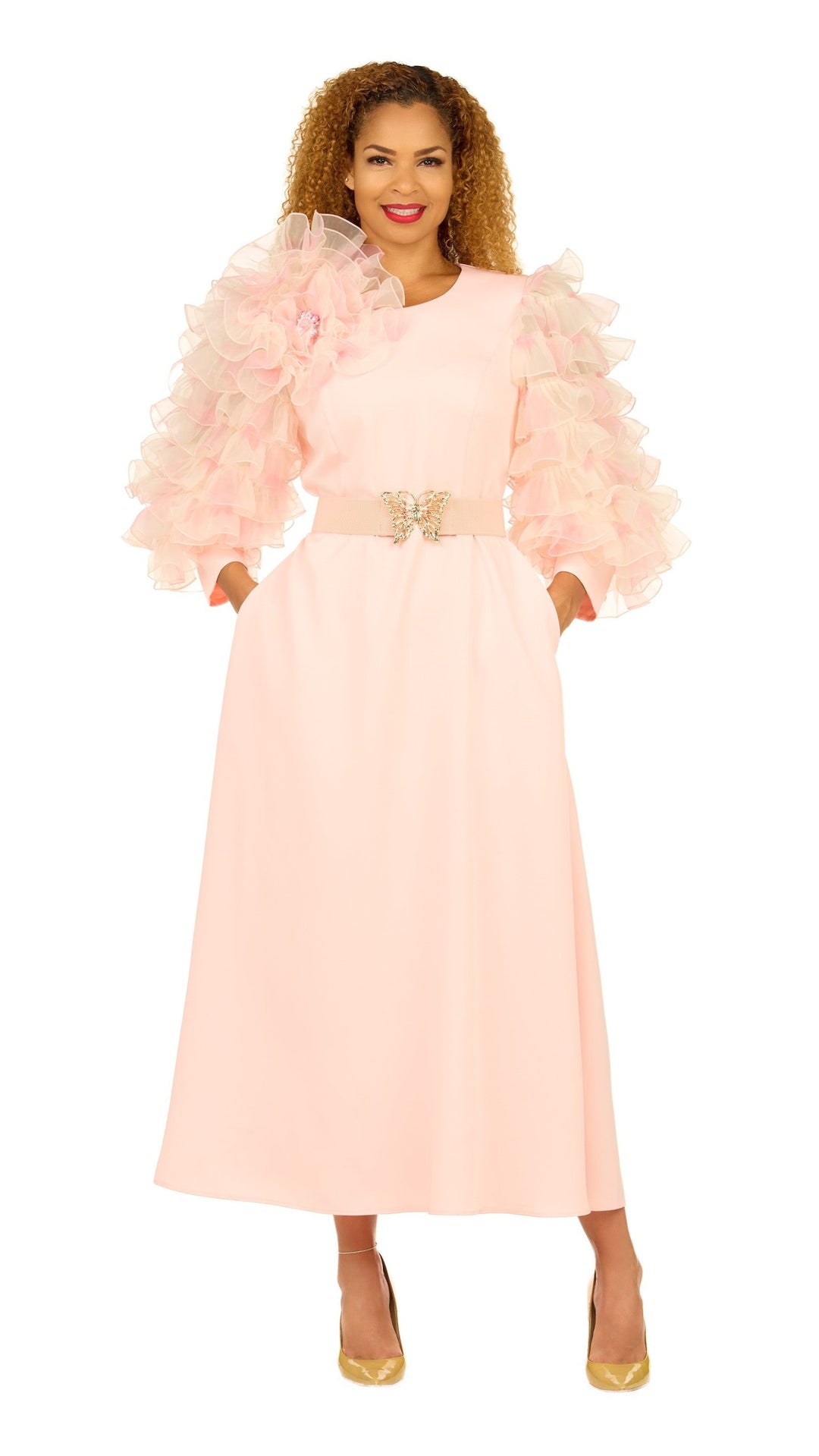 Ruffle Puff Sleeve Maxi Dress with Butterfly Belt