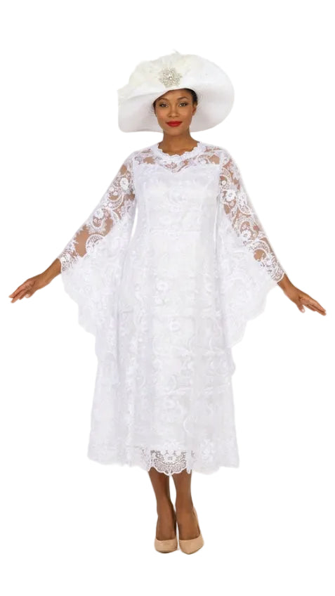 White Lace A-Line Dress w/ Draped Sheer Slvs-Plus