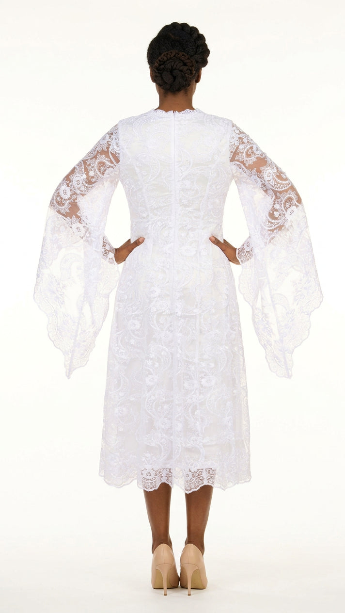 White Lace A-Line Dress w/ Draped Sheer Slvs-Plus