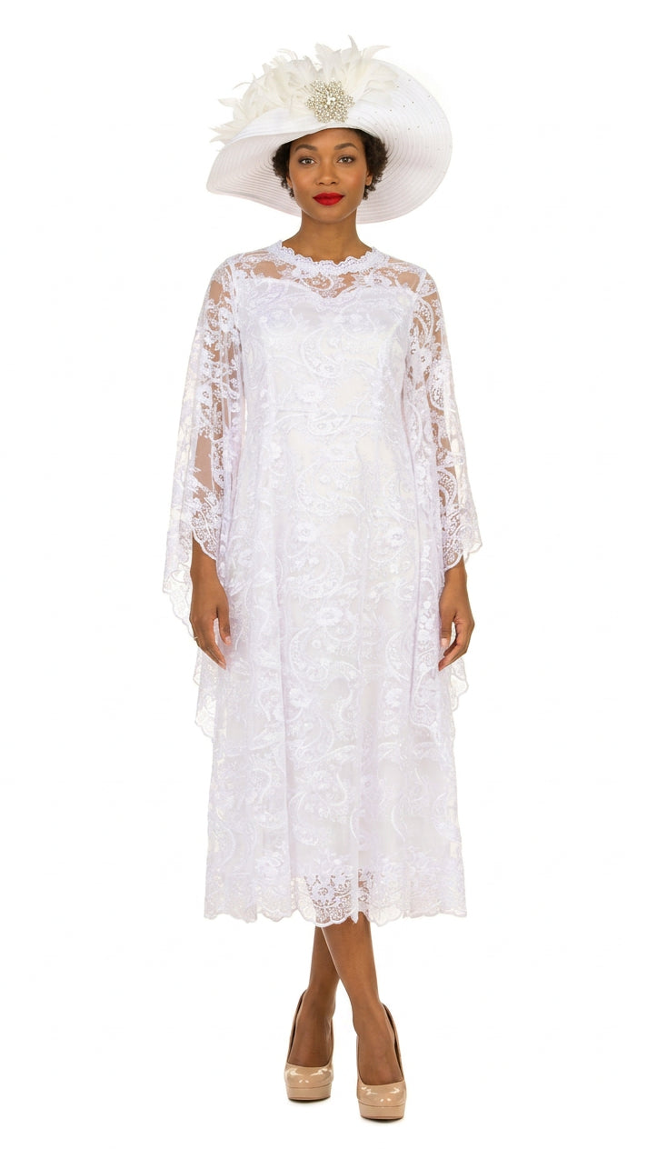 White Lace A-Line Dress w/ Draped Sheer Slvs-Plus