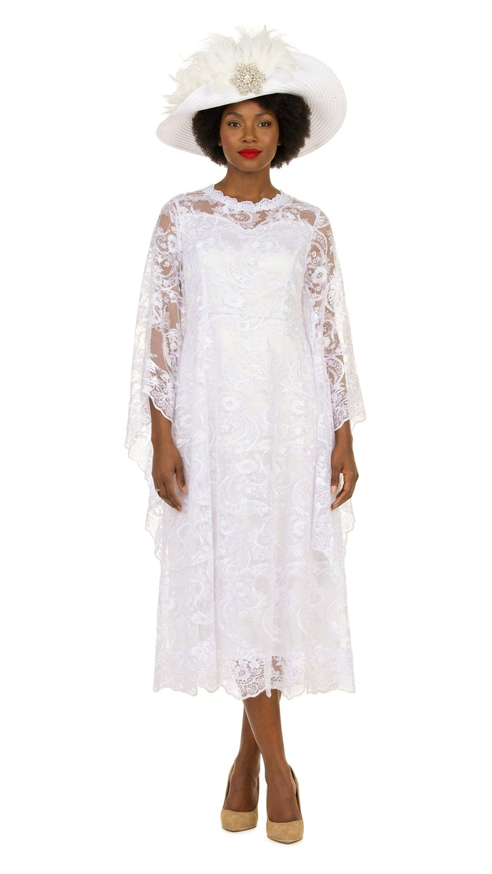 White Lace A-Line Dress with Draped Sheer Sleeves