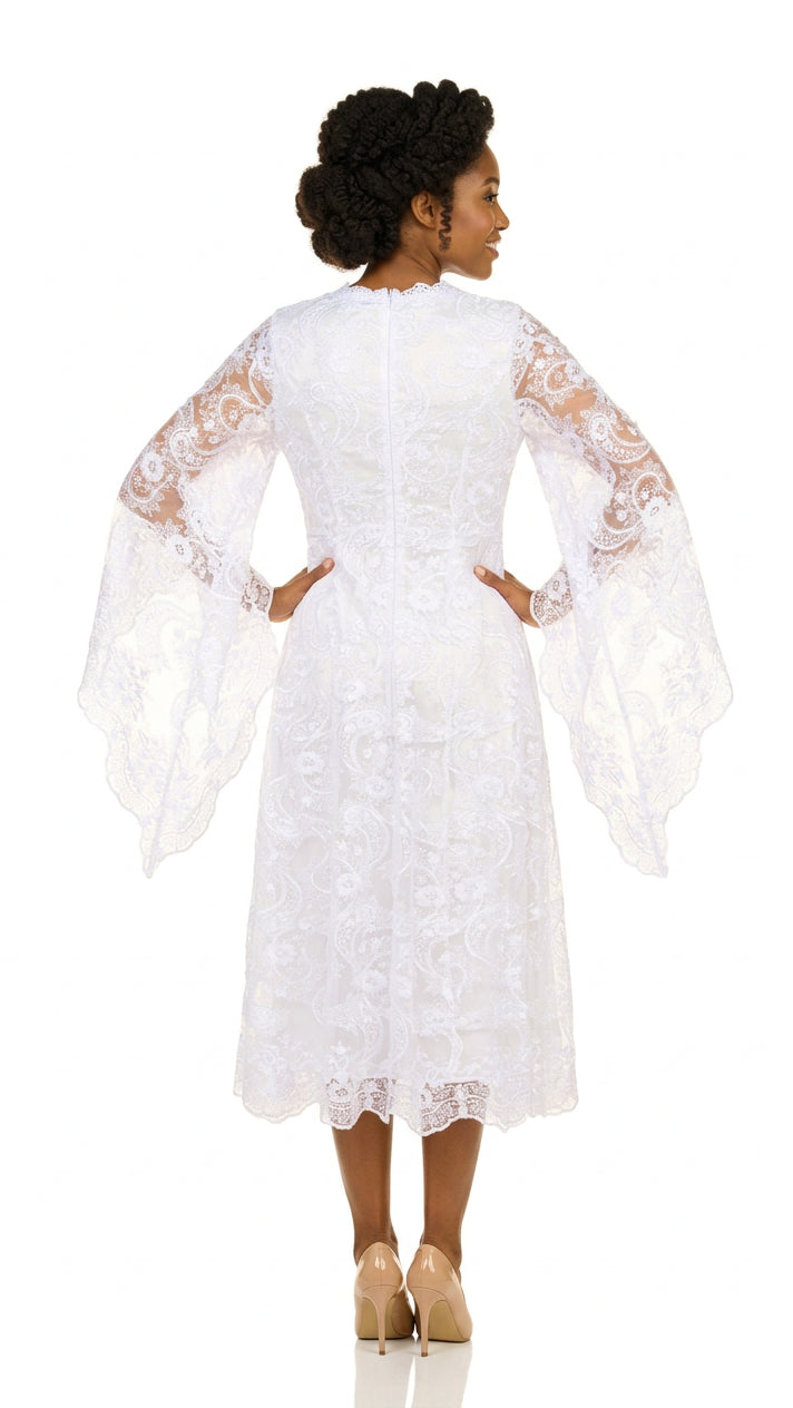 White Lace A-Line Dress with Draped Sheer Sleeves