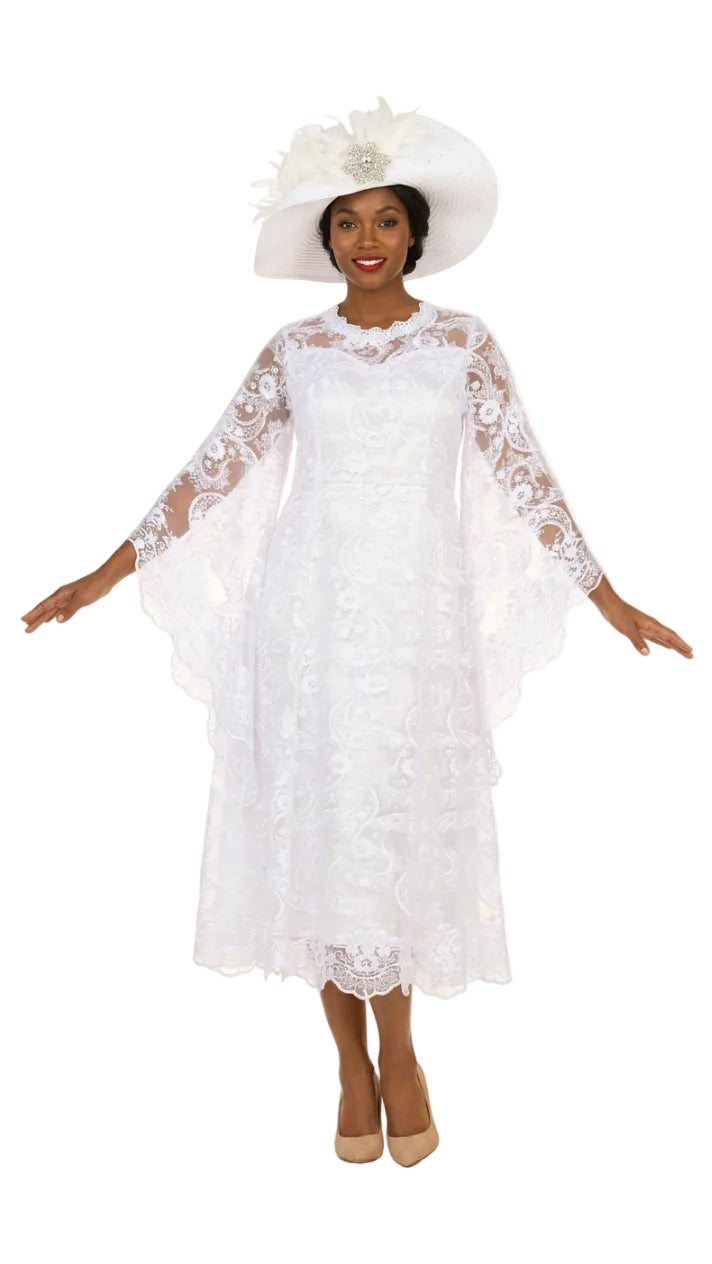 White Lace A-Line Dress with Draped Sheer Sleeves