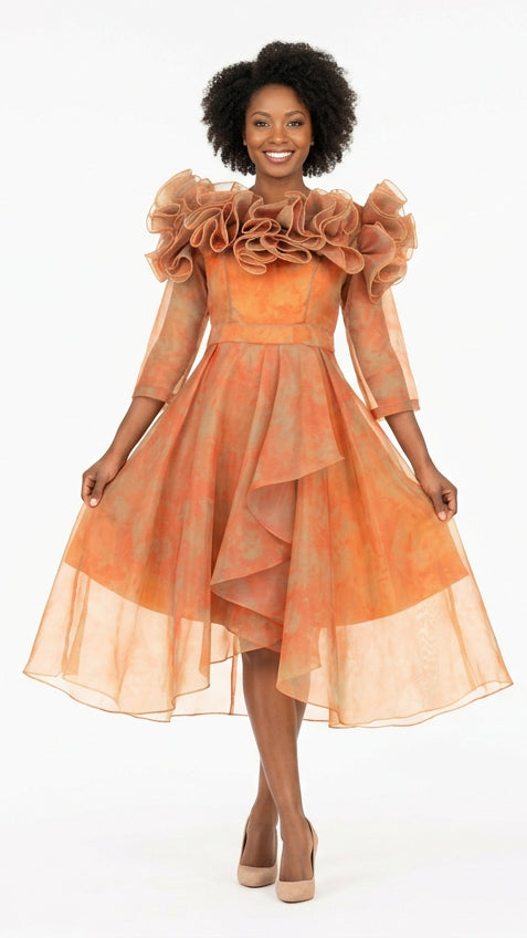 Orange Ruffle Collar High-Low Organza Dress