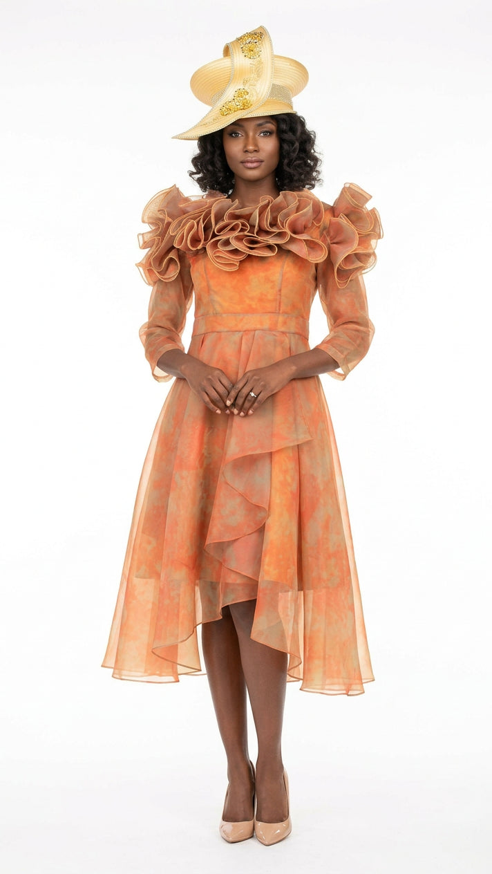 Orange Ruffle Collar High-Low Organza Dress