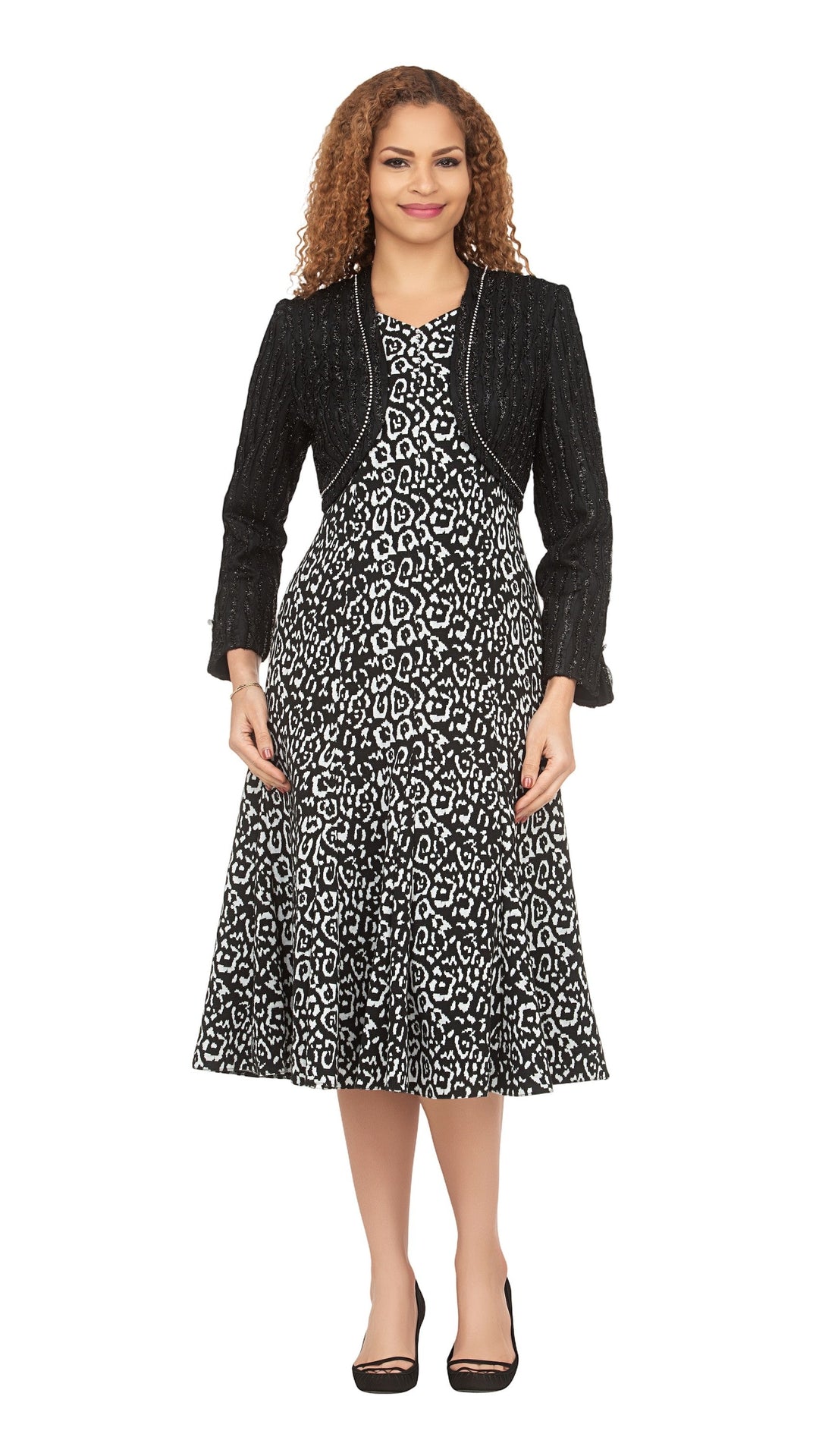 Chic Leopard Print A-Line Dress w/ Faux Bolero Jkt