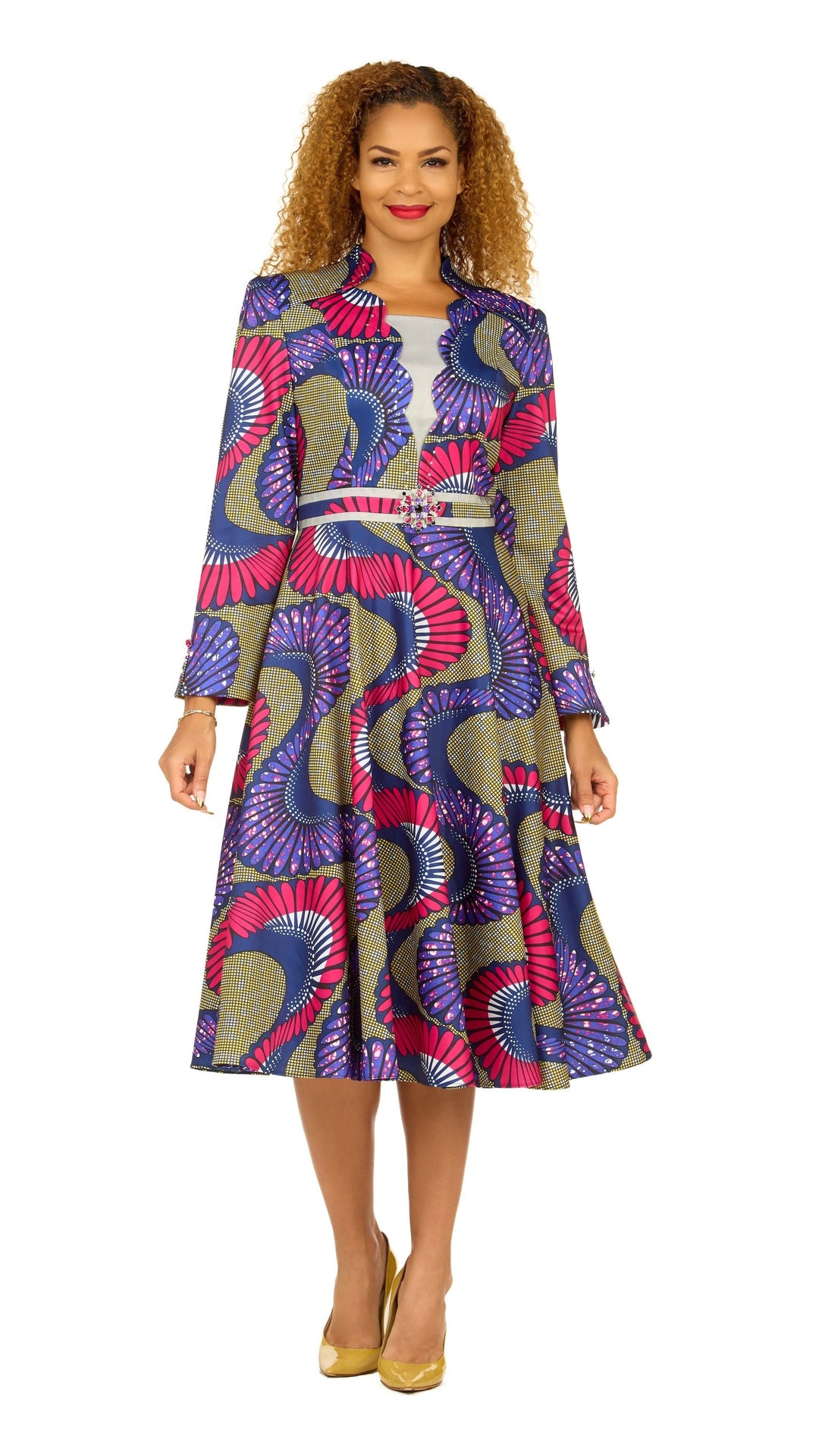 A-line LS Print Dress w/ Waistline Detail&Brooch