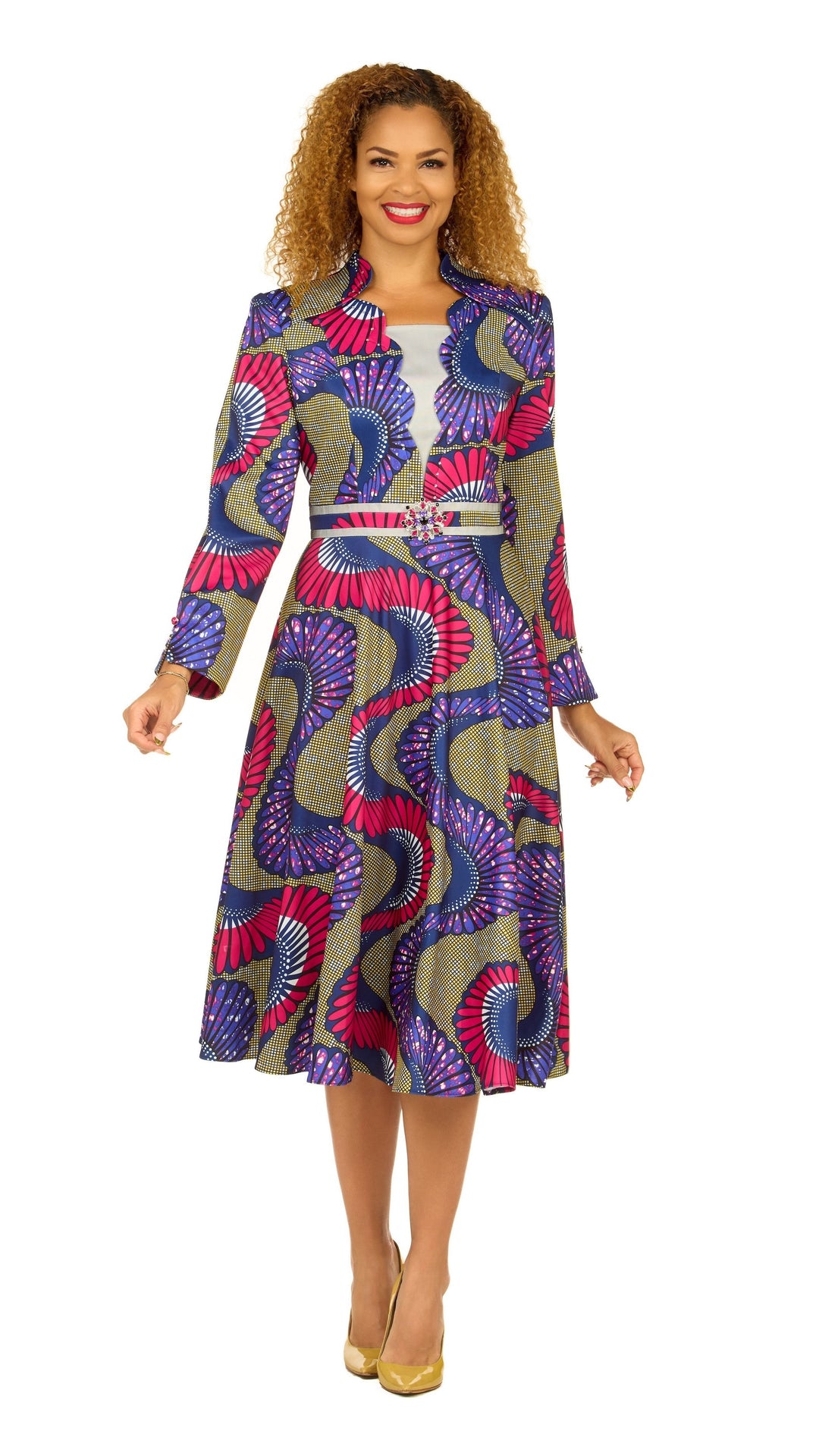 A-line LS Print Dress w/ Waistline Detail&Brooch