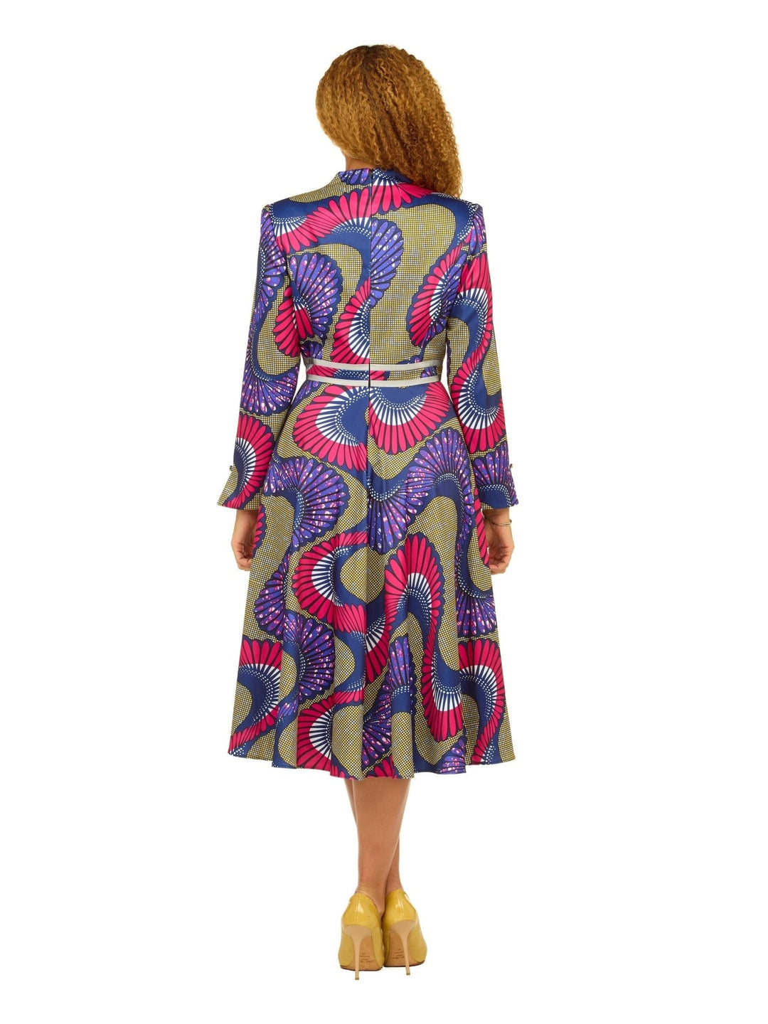 A - line LS Print Dress w/ Waistline Detail&Brooch - Especially Yours