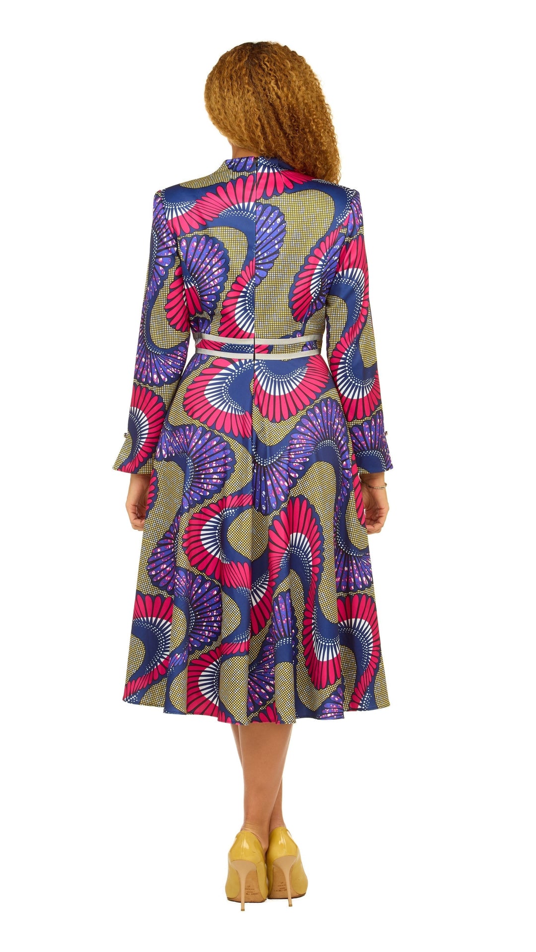 A-line LS Print Dress w/ Waistline Detail&Brooch