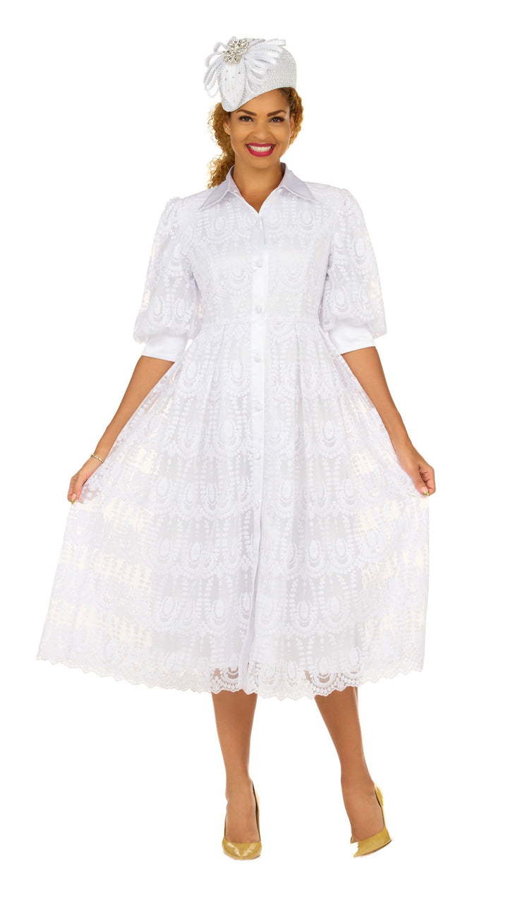 A-line Puffy Sleeve Button Down Lace Dress