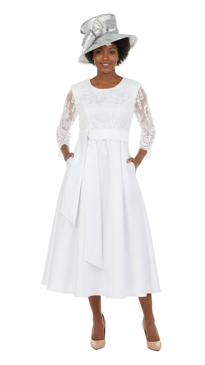 Graceful White Lace Slv Tea-Length Dress-Plus