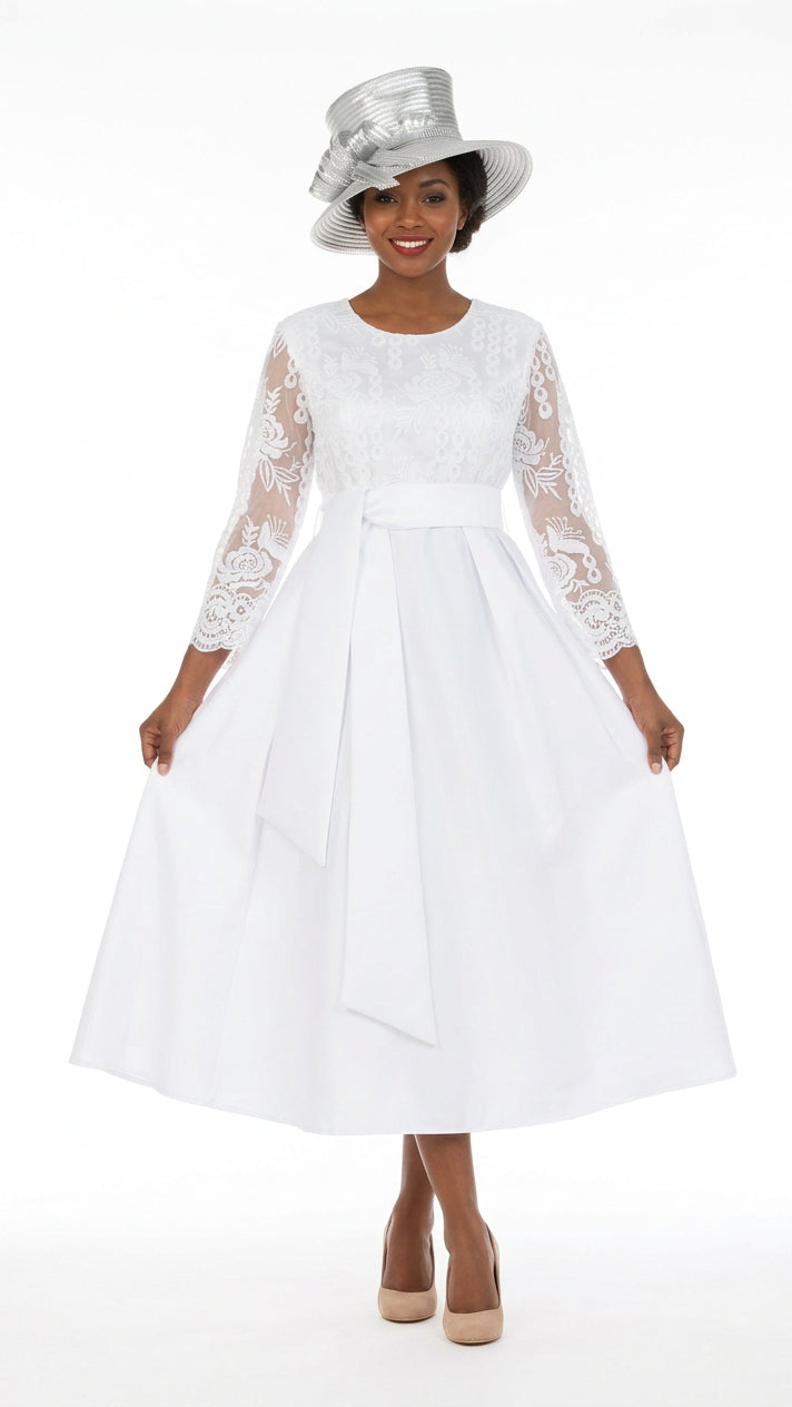 Graceful White Lace Slv Tea-Length Dress-Plus