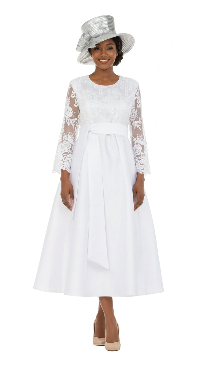 Graceful White Lace Slv Tea-Length Dress-Plus