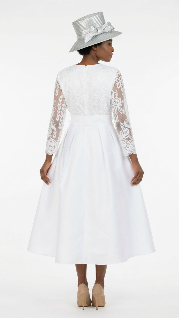 Graceful White Lace Slv Tea-Length Dress-Plus