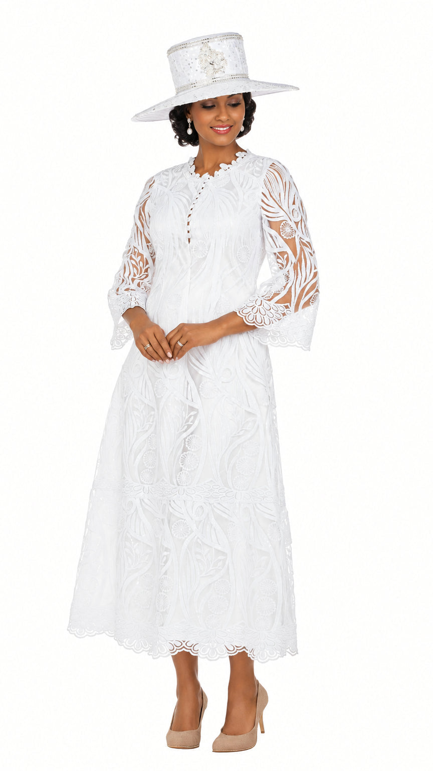Vintage-Inspired Embroidered Lace Midi Dress-Plus