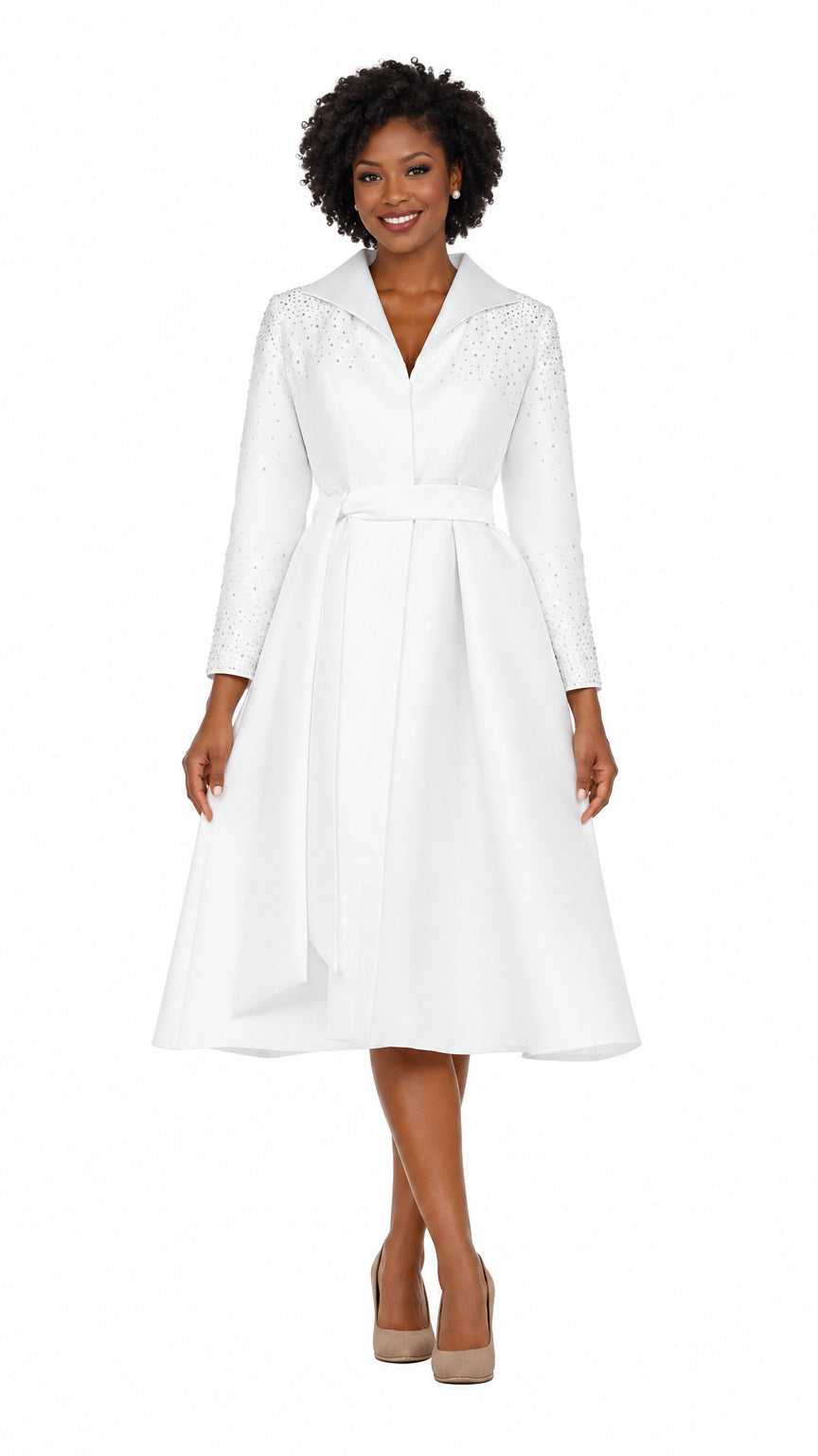 Stone Embellished Silky Twill Belted Midi Dress