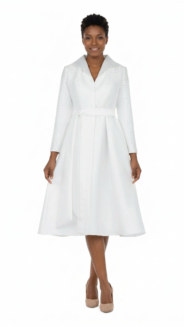 Stone Embellished Silky Twill Belted Midi Dress
