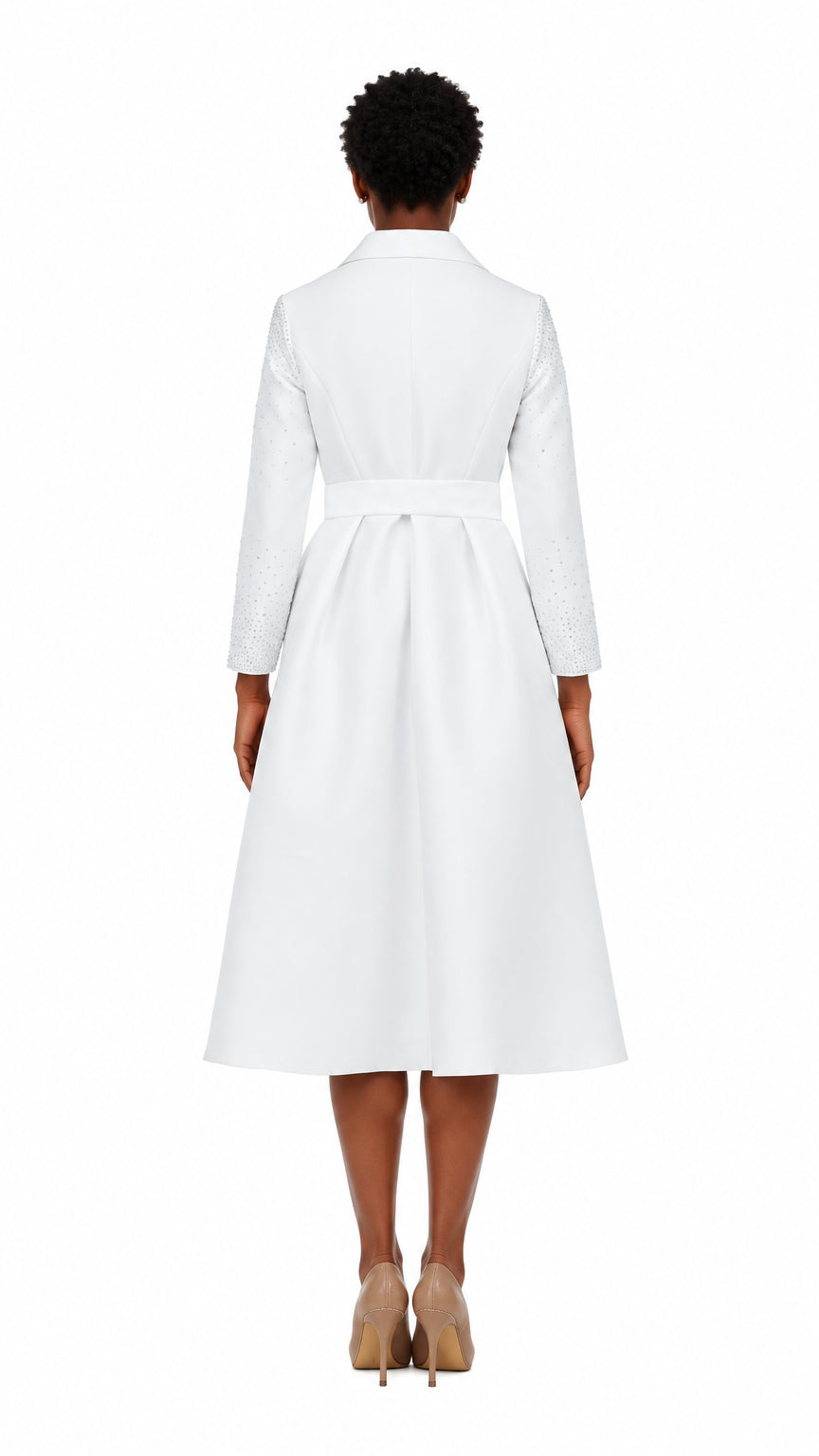 Stone Embellished Silky Twill Belted Midi Dress