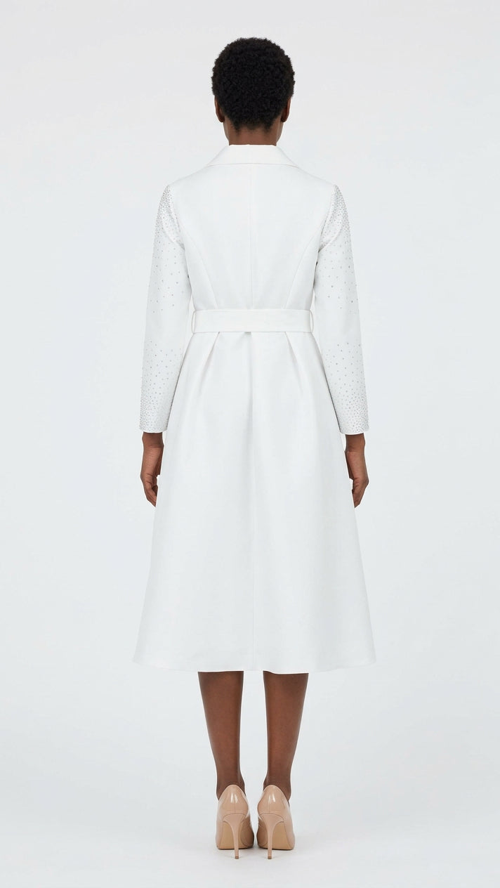 Stone Embellished Silky Twill Belted Midi Dress