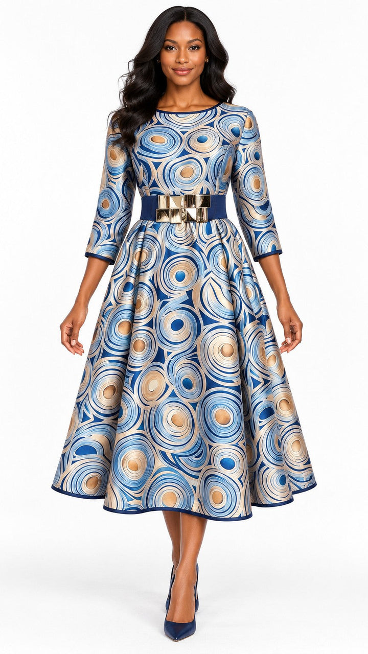 Blue Swirl Print Belted Silky Twill Midi Dress