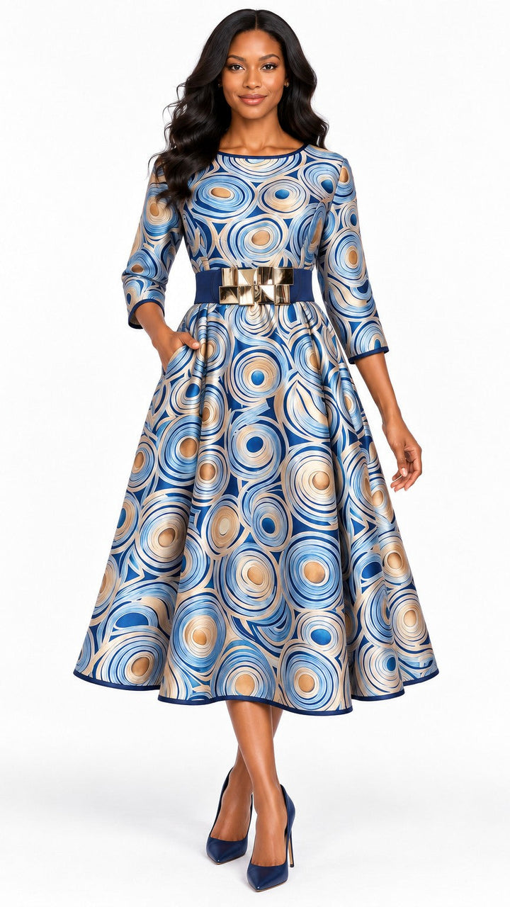 Blue Swirl Print Belted Silky Twill Midi Dress