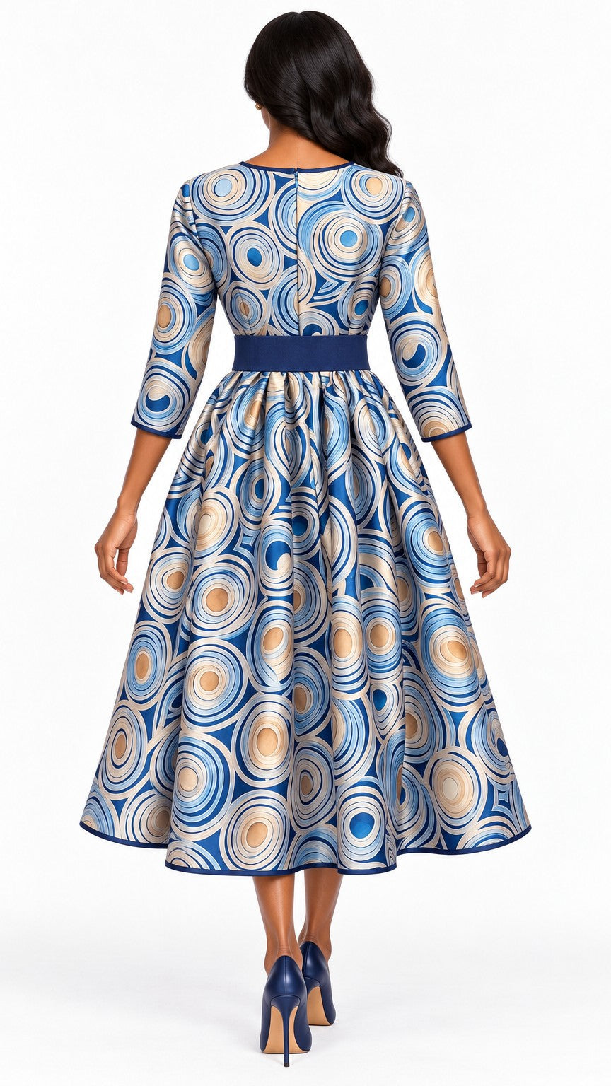 Blue Swirl Print Belted Silky Twill Midi Dress