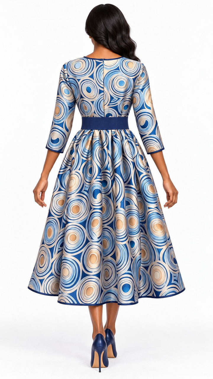 Blue Swirl Print Belted Silky Twill Midi Dress