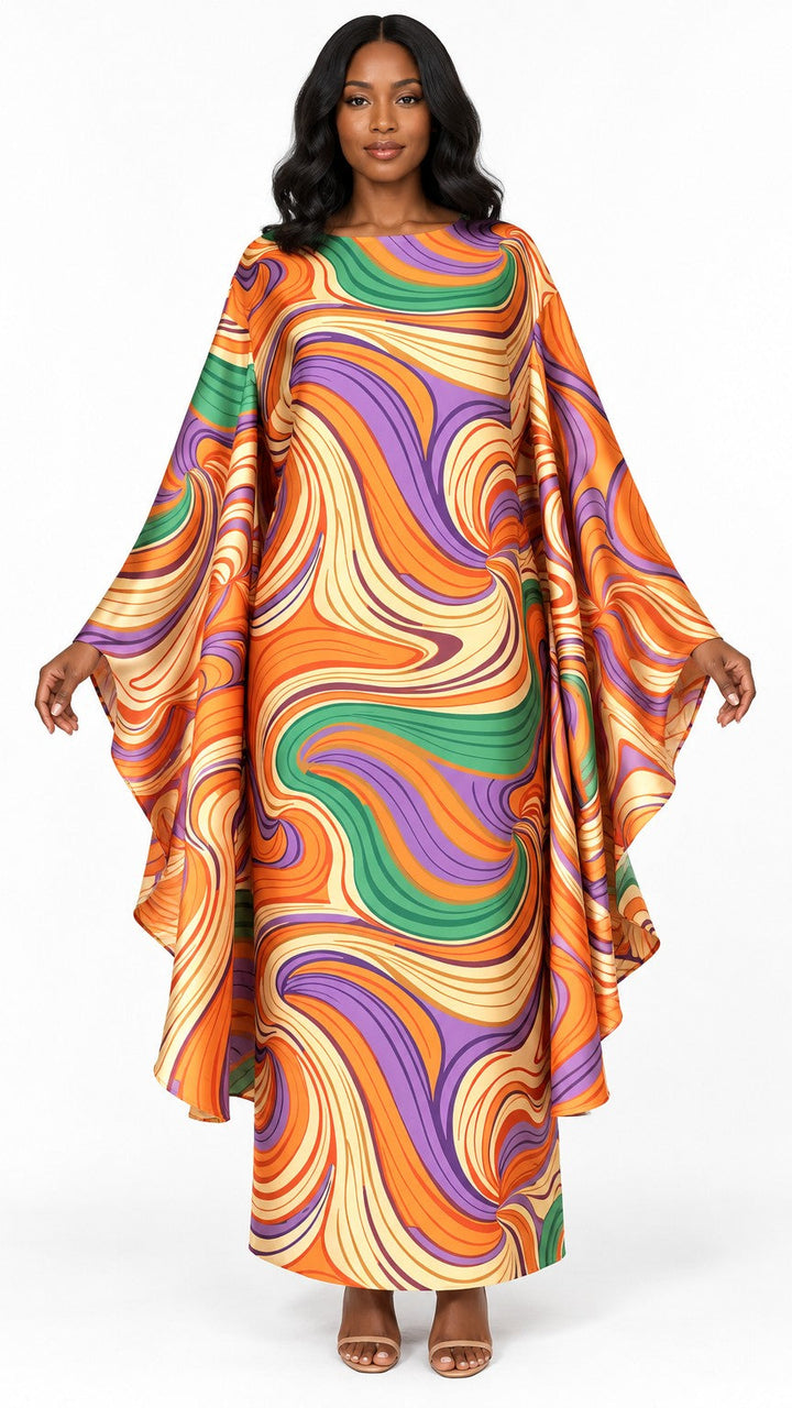 Retro Swirl Print Silky Twill Kaftan Maxi Dress