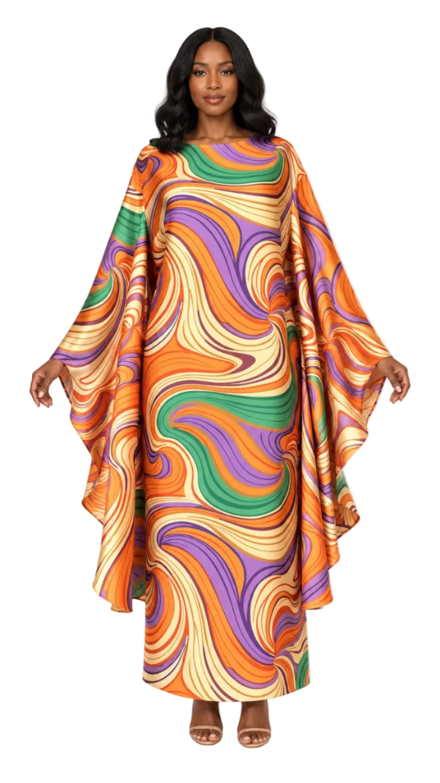 Retro Swirl Print Silky Twill Kaftan Maxi Dress