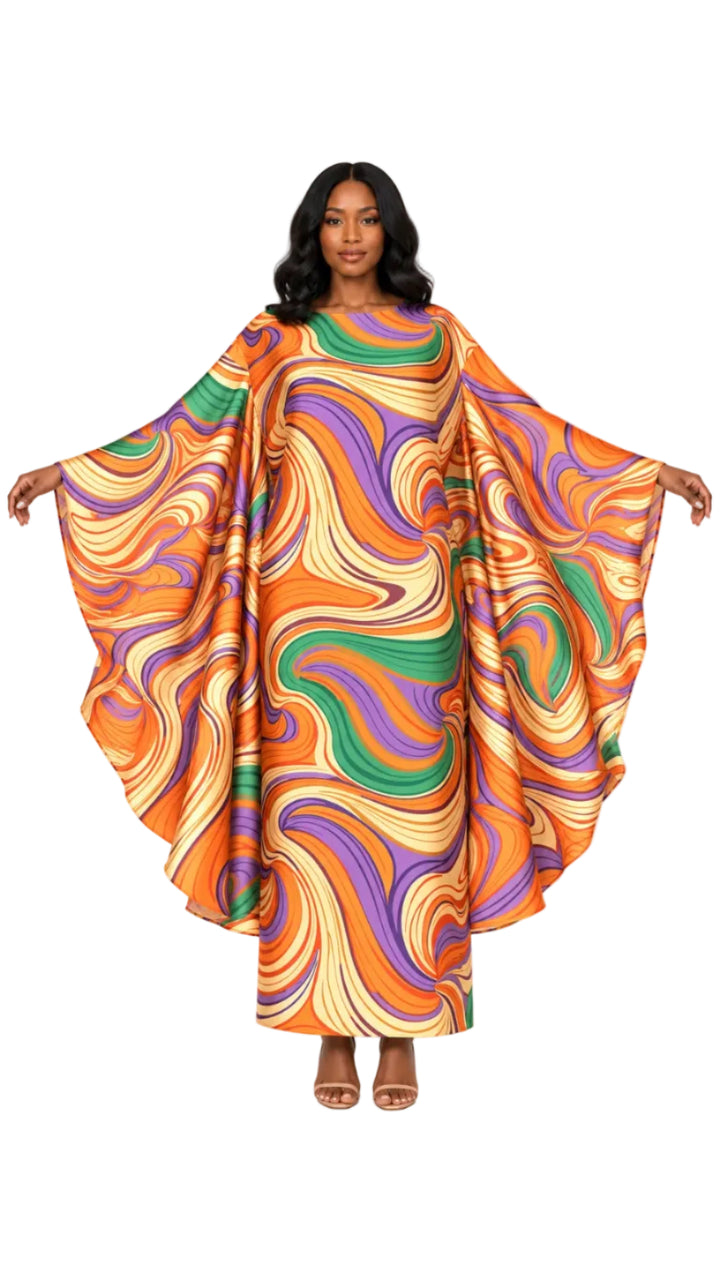 Retro Swirl Print Silky Twill Kaftan Maxi Dress
