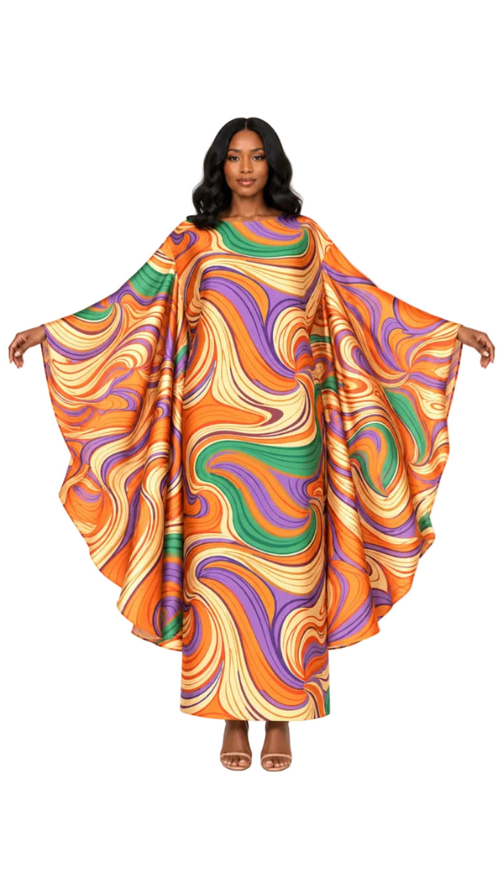 Retro Swirl Print Silky Twill Kaftan Maxi Dress