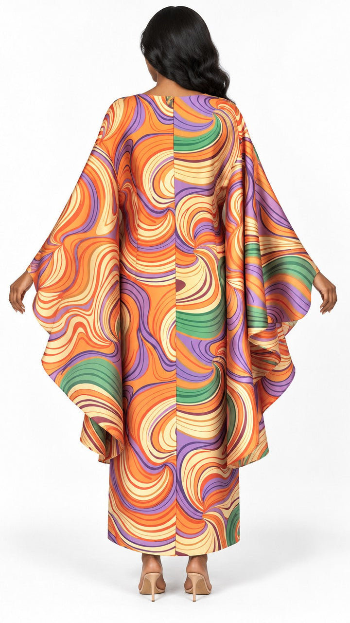 Retro Swirl Print Silky Twill Kaftan Maxi Dress