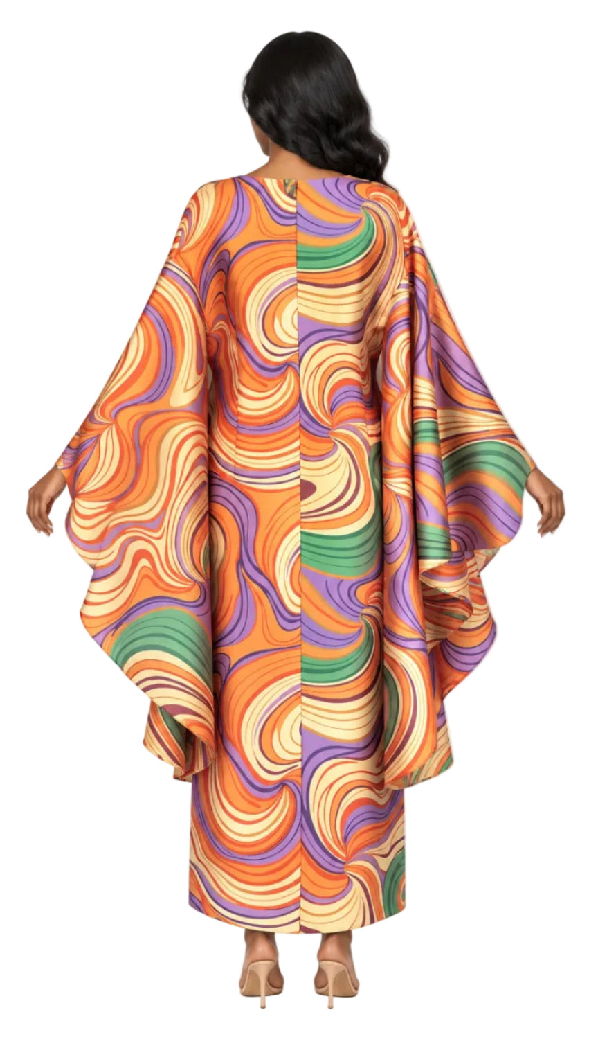 Retro Swirl Print Silky Twill Kaftan Maxi Dress