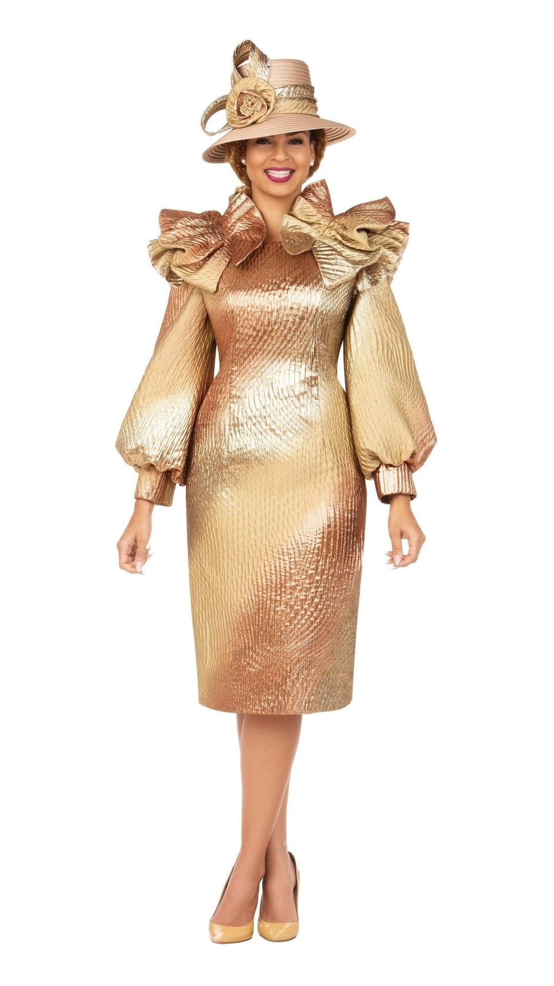 Copper Metallic Brocade Ruffle-Shoulder Midi Dress - Especially Yours