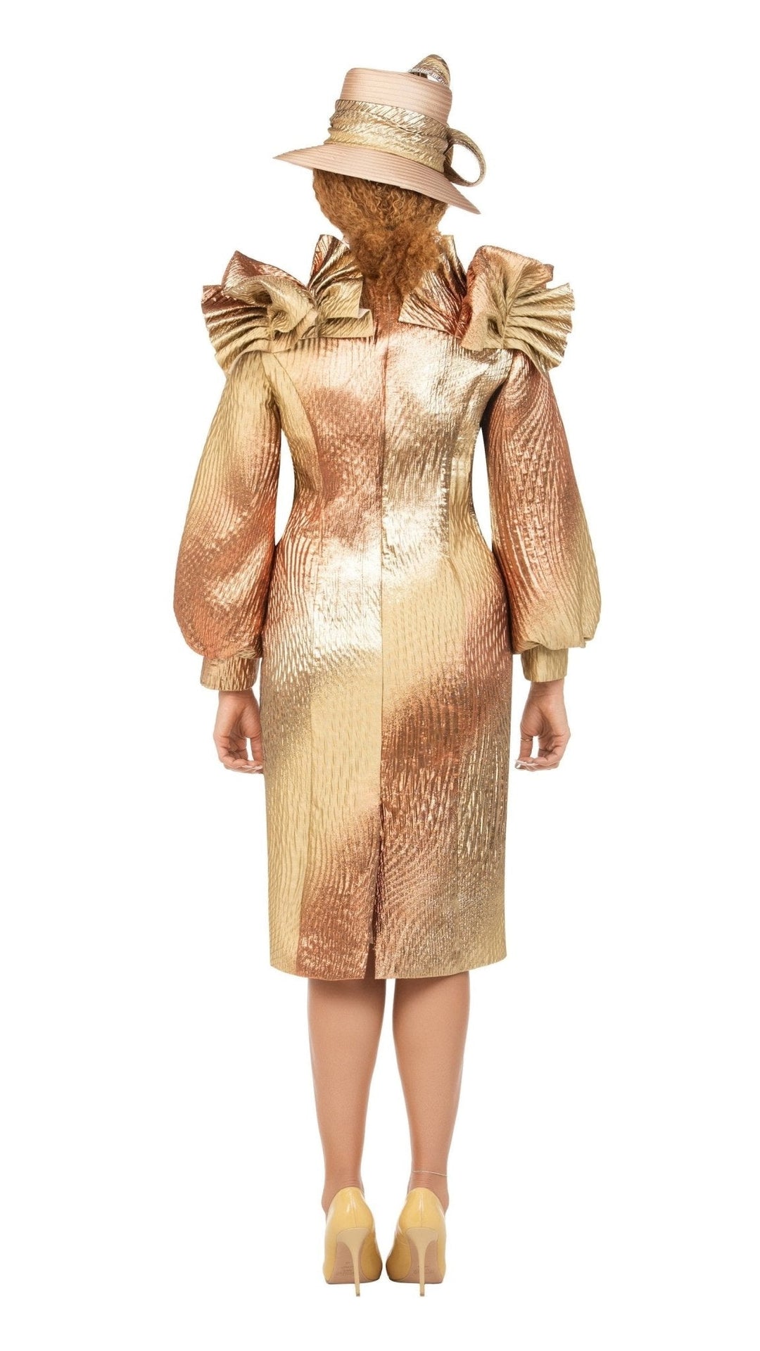 Copper Metallic Brocade Ruffle-Shoulder Midi Dress - Especially Yours