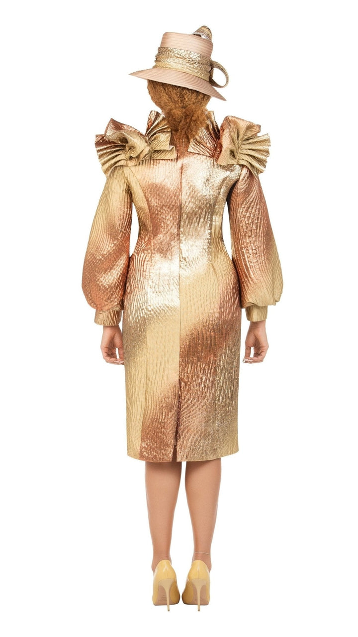 Copper Metallic Brocade Ruffle-Shoulder Midi Dress - Especially Yours