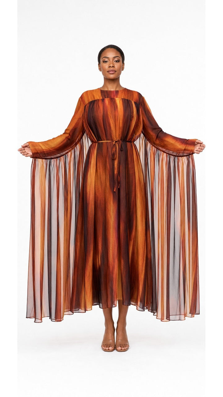 Sunset Cascade Printed Chiffon Cape Dress