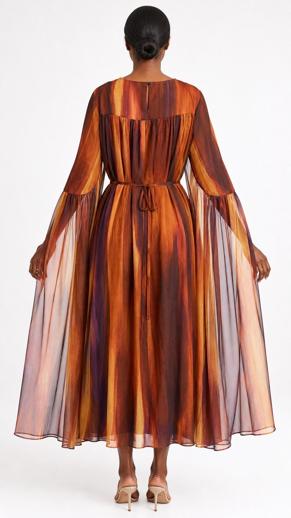 Sunset Cascade Printed Chiffon Cape Dress