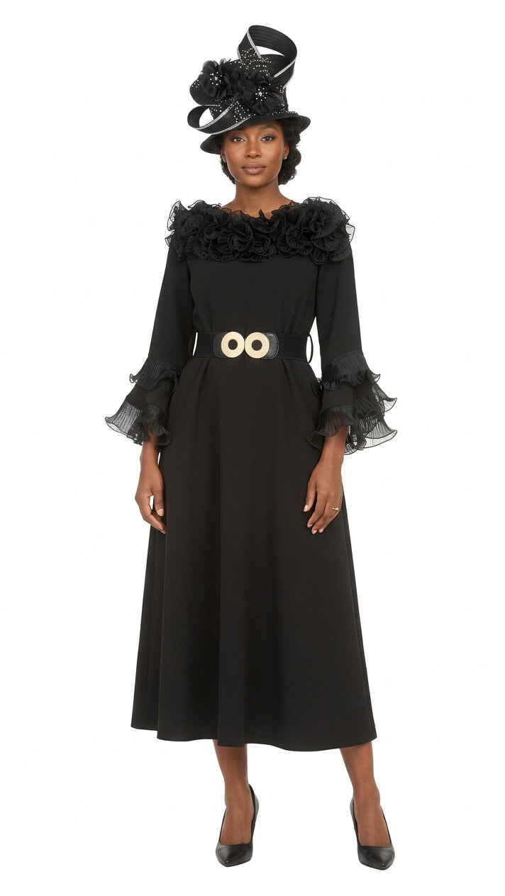 Belted A-line Dress in Stretch Crepe & Orgz-Plus