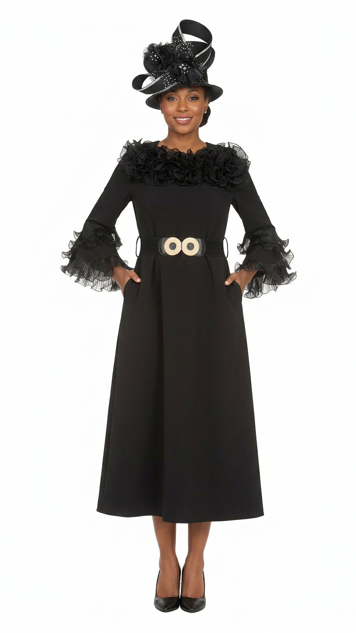 Belted A-line Dress in Stretch Crepe & Orgz-Plus
