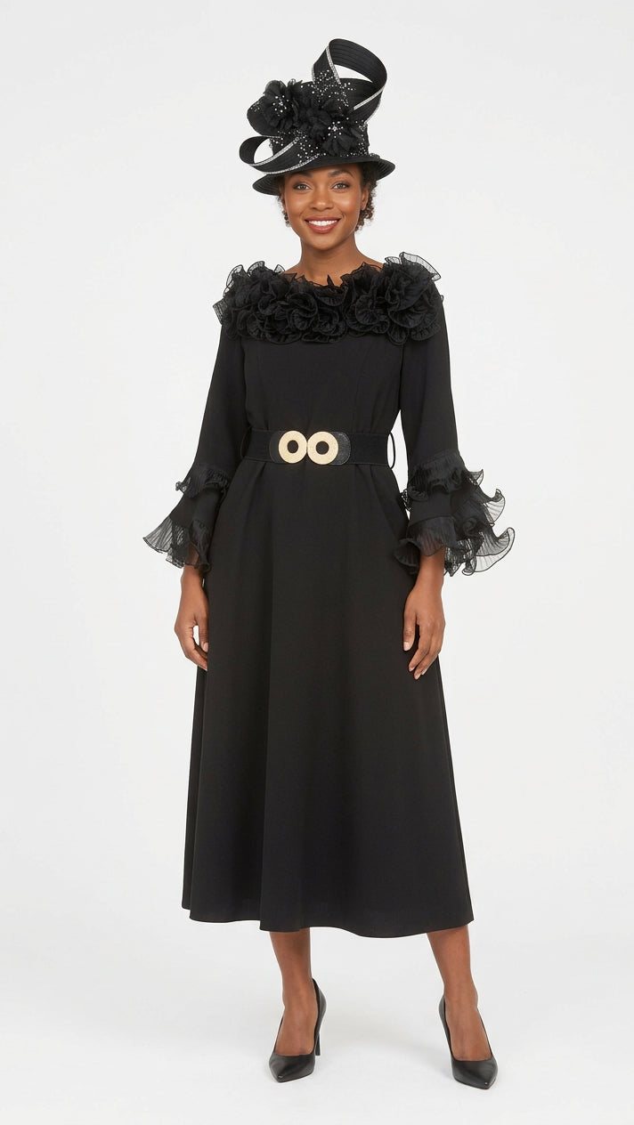 Belted A-line Dress in Stretch Crepe & Organza