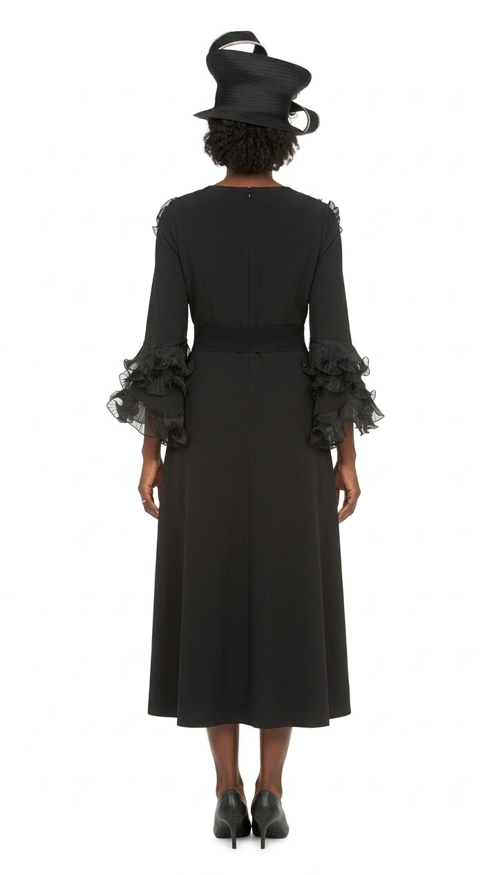 Black dress with ruffled sleeves and a hat on a white background